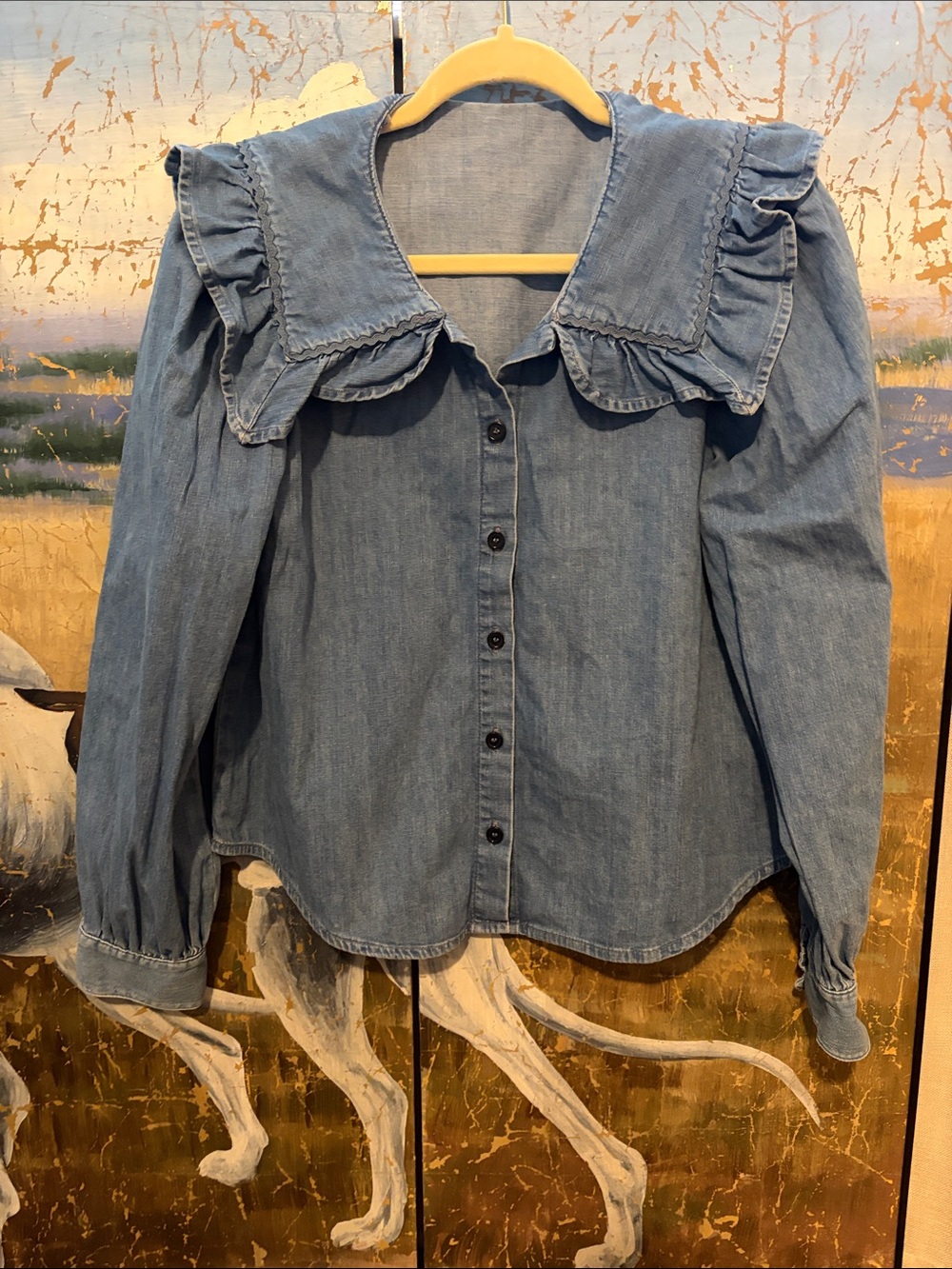 & Other Stories Light Blue Denim Ruffle Collar Button-Down Shirt